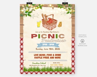 May include: A picnic fundraiser invitation with a red and white checkered background. The invitation features a picnic basket with food, a glass of lemonade, and a sandwich. The text reads "Join us for Sunshine High School's Picnic Fundraiser 3PM-9PM Sunday, June 18th, 2026 Live Music, Food & Drink Raffle Prize and More Sunshine School 123 Anywhere St. Any City More Info: 123 456 7890".