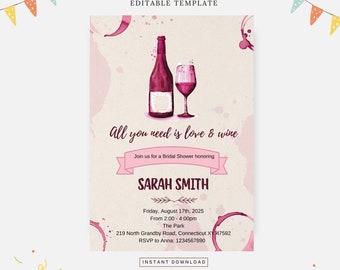 Tudo que você precisa é chá de panela com amor e vinho, modelo editável, download instantâneo, convite DIY