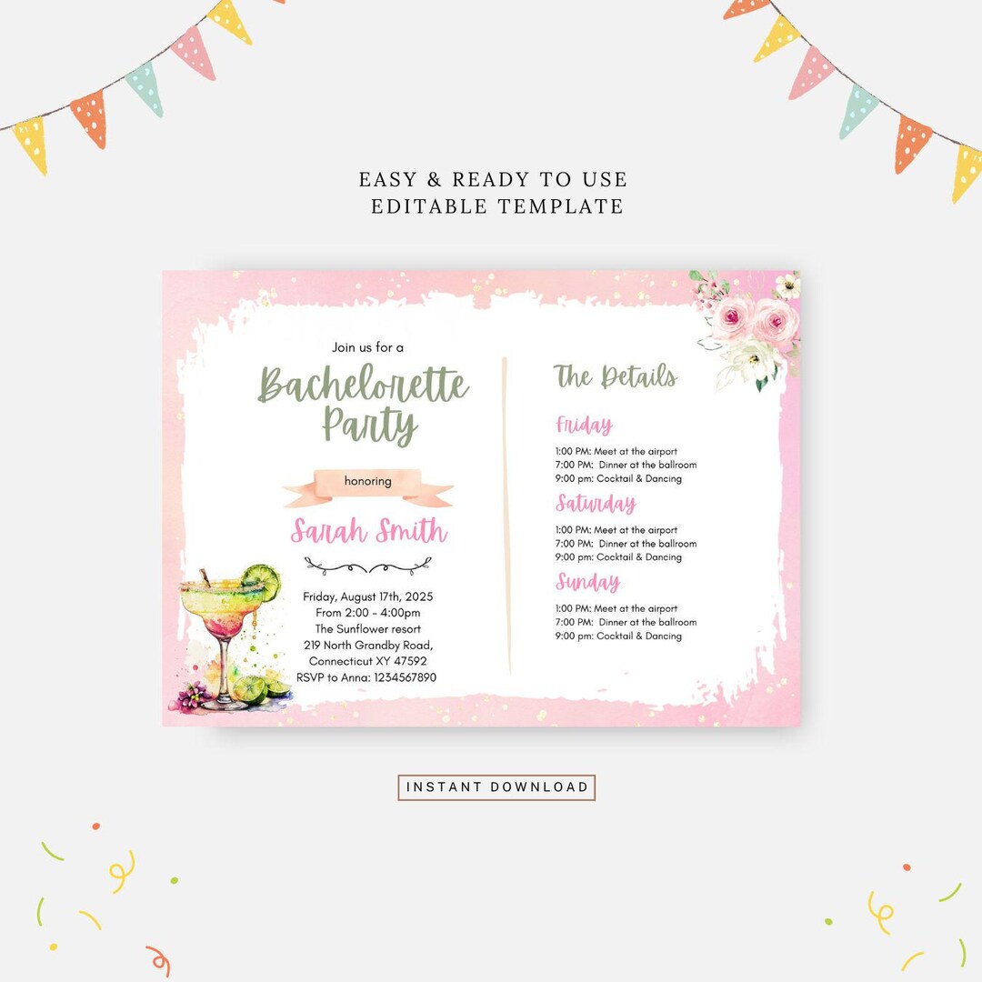 Margarita Bachelorette Itinerary Invitation, Editable Template, Instant ...