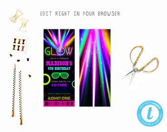 Neon glow party ticket tem, TRY BEFORE you BUY, instant download, edit yourself invitation,Template Editable