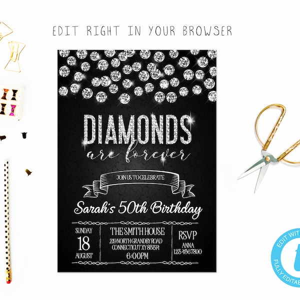 Diamonds are forever party tem, TRY BEFORE you BUY, instant download, edit yourself invitation,Template Editable