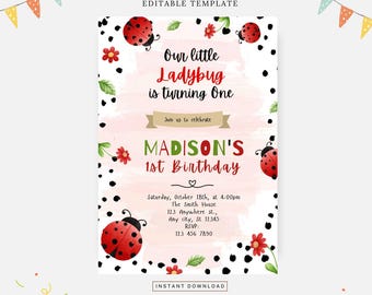 Ladybug shower birthday invitation, Editable template, Instant download, DIY invitation