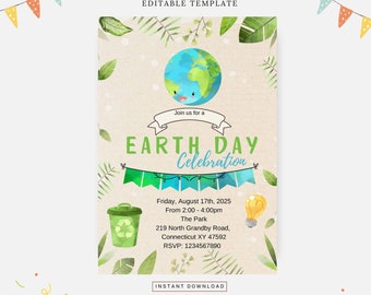 Tema fofo do Dia da Terra, modelo editável, download instantâneo, convite DIY