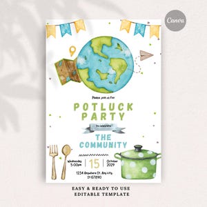 Puede incluir: Una plantilla de invitación para una fiesta de tipo potluck con un globo terráqueo, un mapa, un avión de papel y banderines en acuarela. El texto incluye: Please join us for POTLUCK PARTY to celebrate THE COMMUNITY, 15 de octubre de 2029.