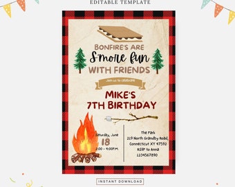Fiesta de cumpleaños de Plaid smore, Plantilla editable, Descarga instantánea, Invitación de bricolaje