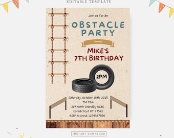 Obstacles birthday party, Editable template, Instant download, DIY invitation
