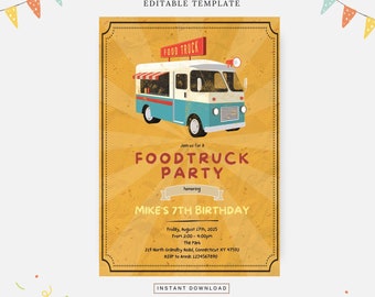 Festa de aniversário de food truck, modelo editável, download instantâneo, convite DIY
