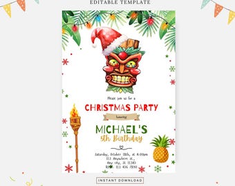Convite tiki luau de Natal, modelo editável, download instantâneo, convite faça você mesmo