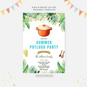 Könnte beinhalten: Eine druckbare Einladung zu einer Sommer-Potluck-Party, die von der Familie Johnson ausgerichtet wird. Die Einladung zeigt eine Cartoon-Illustration eines Topfes, grüner Blätter und Lichterketten. Der Text lautet "Schließen Sie sich uns zu einer Sommer-Potluck-Party an, die von der Familie Johnson ausgerichtet wird. Freitag, 17. August 2025 von 14:00 bis 16:00 Uhr. Der Park. 219 North Grandby Road, Connecticut XY 47592. RSVP: 123 456 7890. Sofortiger Download."