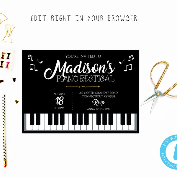 Piano party tem, TRY BEFORE you BUY, instant download, edit yourself invitation,Template Editable