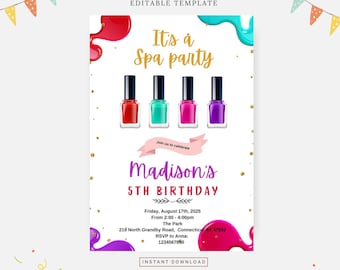 Nagellackspa-födelsedagsfest, redigerbar mall, direktnedladdning, gör-det-själv-inbjudan