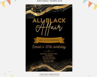 All Black Affair-inbjudan, redigerbar mall, direktnedladdning, gör-det-själv-inbjudan