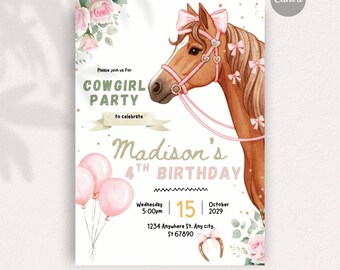 Cowgirl horse party invitation, Instant Download DIY Invitation, Editable invitation, Digital Stationery, Fully Personalizable