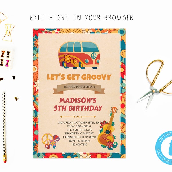 Retro hippie 60s invitation, TRY BEFORE you BUY, instant download, edit yourself invitation,Template Editable