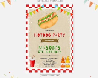 Hotdog birthday invitation, Editable template, Instant download, DIY invitation