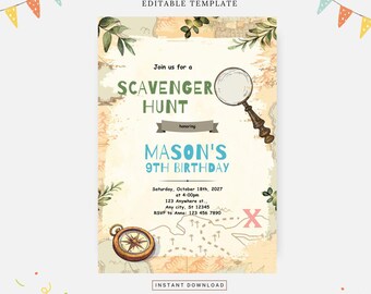 Scavenger hunt birthday invitation, Editable template, Instant download, DIY invitation