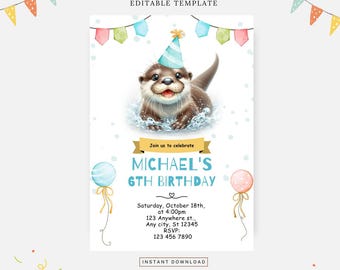 Otter party invitation, Editable template, Instant download, DIY invitation