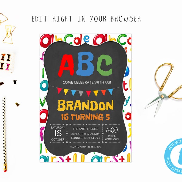 Alphabet birthday party tem, TRY BEFORE you BUY, instant download, edit yourself invitation,Template Editable