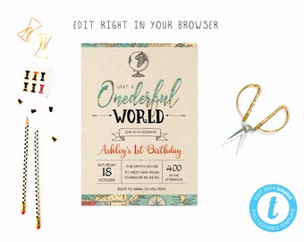 What a Onederful world party tem, TRY BEFORE you BUY, instant download, edit yourself invitation,Template Editable