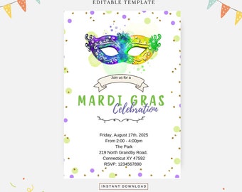 Mardi gras-fest, redigerbar mall, direktnedladdning, gör-det-själv-inbjudan