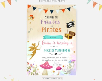 Pirate and fairy birthday invitation, Editable template, Instant download, DIY invitation