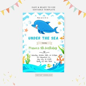Dolphin birthday invitation, Editable template, Instant download, DIY invitation