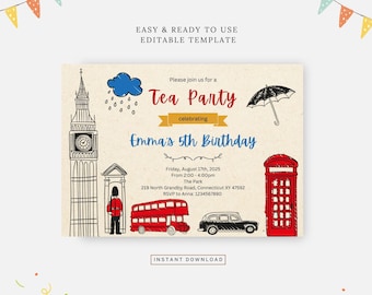 London Tee Geburtstagsparty Thema, bearbeitbare Vorlage, Sofort-Download, DIY-Einladung