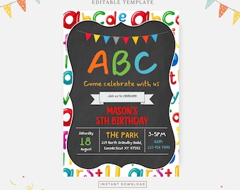 Alphabet theme birthday, Editable template, Instant download, DIY invitation