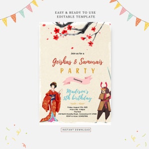 May include: A printable invitation for a Geishas & Samurais party, featuring a watercolor illustration of a geisha and a samurai, with a pink banner that says "honoring Madison's 5th birthday". The invitation includes the date, time, location, and RSVP information.
