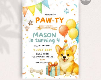 Corgi theme invitation, Instant Download DIY Invitation, Editable invitation, Digital Stationery, Fully Personalizable