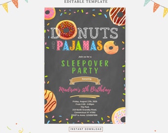 Donuts och pyjamas födelsedag, redigerbar mall, direktnedladdning, gör-det-själv-inbjudan