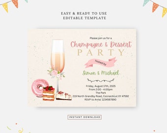 Champagne- och dessertfest, redigerbar mall, direktnedladdning, gör-det-själv-inbjudan