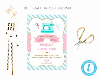 Cute sewing birthday party tem, TRY BEFORE you BUY, instant download, edit yourself invitation,Template Editable