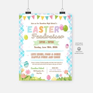 Puede incluir: Un folleto colorido para una recaudación de fondos de Pascua en la escuela secundaria Sunshine. El folleto presenta un fondo a cuadros, huevos de Pascua y una pancarta con el texto "Join us for Sunshine High School's Easter Fundraiser". El evento está programado para el domingo 18 de junio de 2026, de 3 PM a 9 PM. El folleto también incluye información sobre música en vivo, comida y bebidas, un premio de rifa y más.