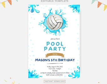 Volleyball pool birthday party, Editable template, Instant download, DIY invitation