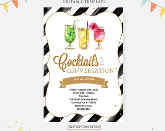 Cocktail- och konversationsparty, redigerbar mall, direktnedladdning, gör-det-själv-inbjudan