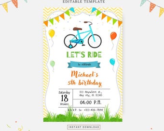 Cute bicycle birthday invitation, Editable template, Instant download, DIY invitation