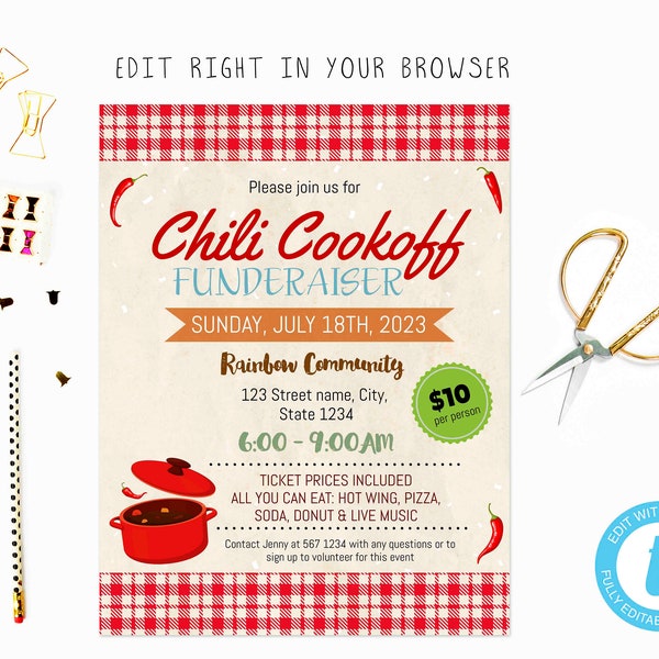 Chili Cookoff Fundraiser Flyer, TRY BEFORE you BUY, instant download, edit yourself invitation,Template Editable