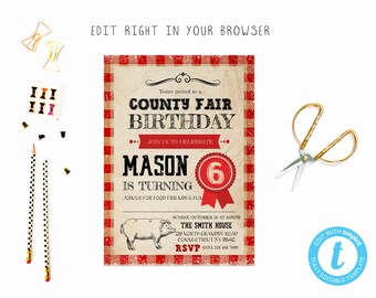 County Fair anniversaire tem, essayer avant d’acheter, téléchargement immédiat, éditer vous-même invitation, modèle modifiable