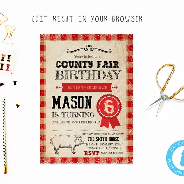 County Fair birthday tem, TRY BEFORE you BUY, instant download, edit yourself invitation,Template Editable