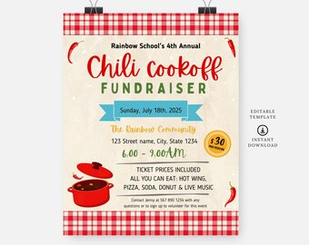Flyer för chilicookoff, redigerbar mall, direktnedladdning, gör-det-själv-flyer, affisch