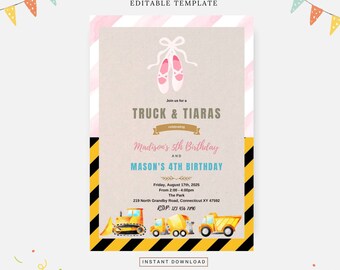 Tutu and truck joint birthday party, Editable template, Instant download, DIY invitation