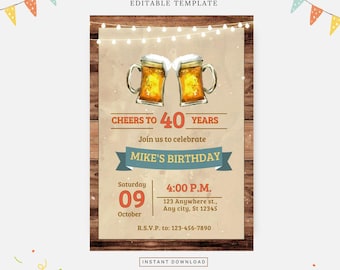 Cheers beer birthday invitation, Editable template, Instant download, DIY invitation