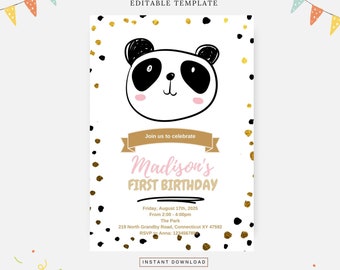 Festa de aniversário de panda fofa, modelo editável, download instantâneo, convite DIY