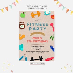 Può includere: Un invito su carta marrone con un tema di fitness per una festa di compleanno di 7 anni. L'invito presenta un'illustrazione di cartone animato di un manubrio, una corda per saltare, una bottiglia d'acqua, un peso e una scarpa da corsa. Il testo sull'invito recita: "Unisciti a noi per una festa di fitness in onore del 7° compleanno di Mike".