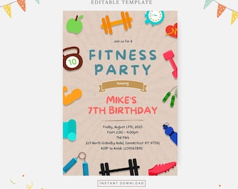 Fitness birthday party, Editable template, Instant download, DIY invitation
