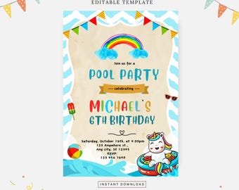 May include: A colourful pool party invitation featuring a rainbow, a unicorn riding a float, and the text "Join us for a Pool Party celebrating Michael's 6th Birthday".