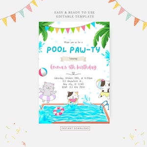 Puede incluir: Una invitación imprimible para una fiesta en la piscina con un gato de dibujos animados que lleva un salvavidas y un gato que sostiene una sandía. La invitación es para el 5º cumpleaños de Emma e incluye el texto "Pool Paw-ty".
