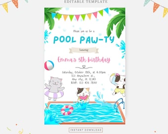 Convite para festa na piscina com gatinho, modelo editável, download instantâneo, convite faça você mesmo