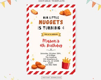 Puede incluir: Una invitación de cumpleaños imprimible con un fondo de rayas rojas y blancas. La invitación presenta una ilustración de dibujos animados de nuggets de pollo y papas fritas. El texto dice "Our Little Nuggets is Turning 4" y "Mason's 4th Birthday".